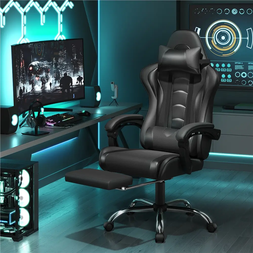 Silla Gamer Ergonómica con Soporte Lumbar de Masaje, Reposapiés Retráctil y Reposacabezas – Silla de Oficina Reclinable de Cuero PU, Silla de Escritorio Giratoria con Ruedas para Gamers de Gran Estatura