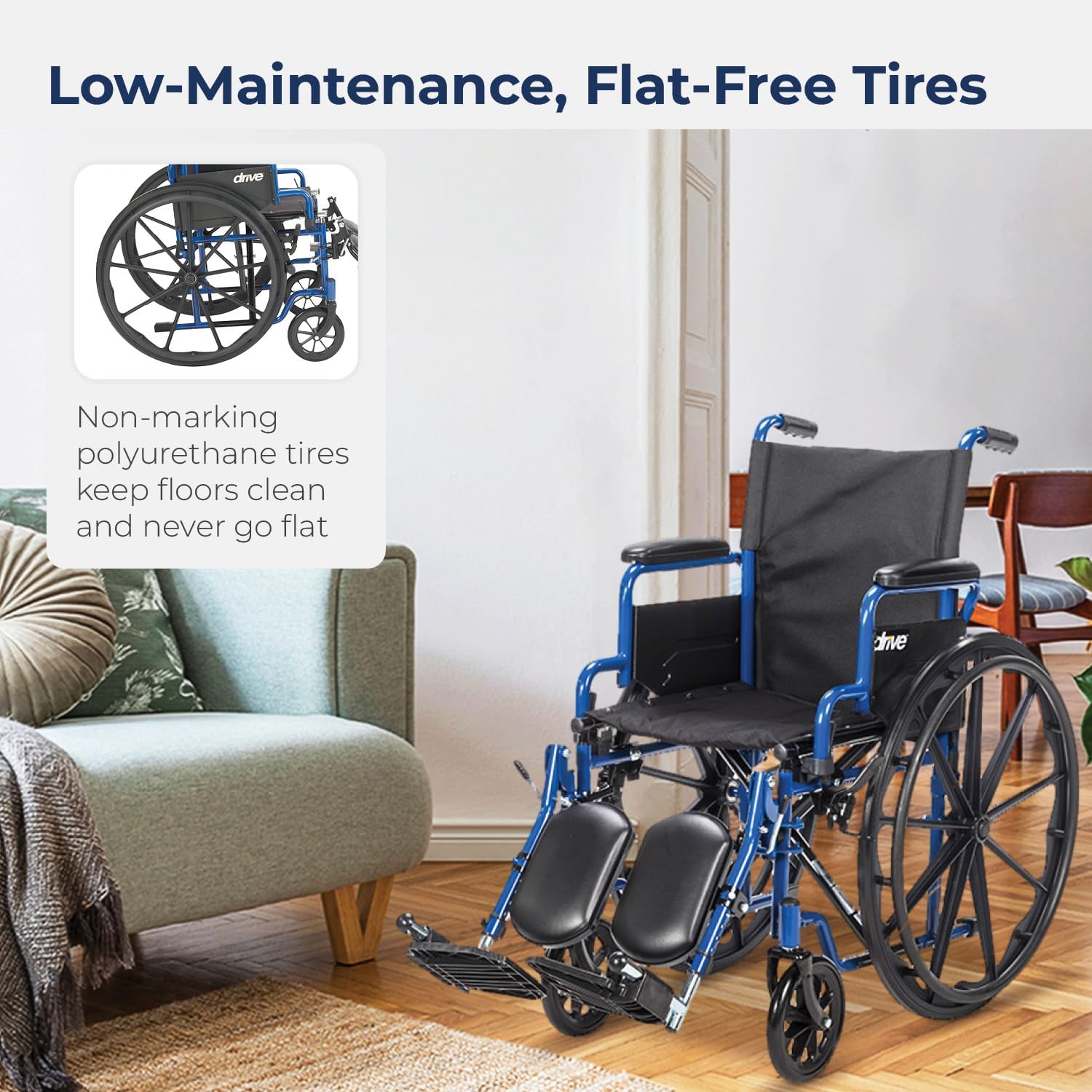 Drive Medical BLS20FBD-ELR Blue Streak Wheelchair with Flip Back Desk Arms and Elevating Leg Rests, Blue
