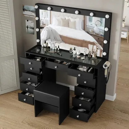 1 Juego de 11 cajones con 12 luces LED Tocador con espejo iluminado, Mesa de maquillaje con cajones de almacenamiento y taburete acolchado para dormitorio, Tocador con 3 modos de iluminación Brillo ajustable