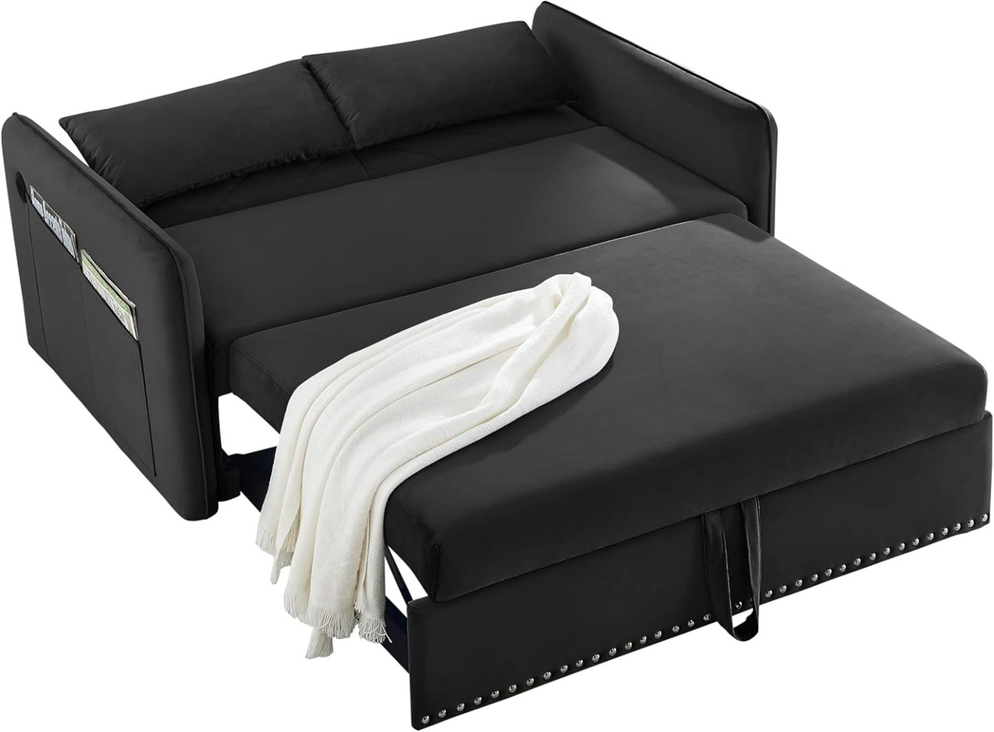Miscoos - Sofá Cama de Terciopelo con Puerto USB 3 en 1 Ajustable, tirón, 2 Almohadas Lumbar, Bolsillo Lateral, Adecuado para Sala de Estar, recámara, Color Negro