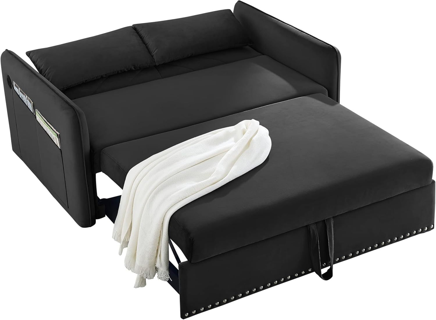Miscoos - Sofá Cama de Terciopelo con Puerto USB 3 en 1 Ajustable, tirón, 2 Almohadas Lumbar, Bolsillo Lateral, Adecuado para Sala de Estar, recámara, Color Negro