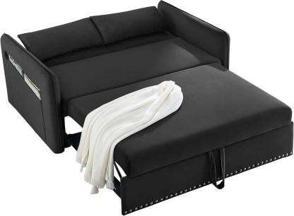 Miscoos - Sofá Cama de Terciopelo con Puerto USB 3 en 1 Ajustable, tirón, 2 Almohadas Lumbar, Bolsillo Lateral, Adecuado para Sala de Estar, recámara, Color Negro