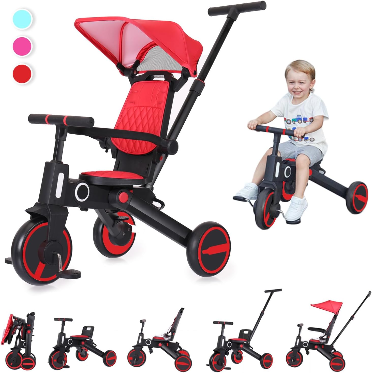 Triciclo de bebé 4 en 1, Bici polivalente, cochecito de dirección plegable, bicicleta de aprendizaje con barandilla desmontable, con toldo ajustable, arnés de seguridad, pedales plegable, freno, asa de empuje para padres, diseño de absorción de impactos,
