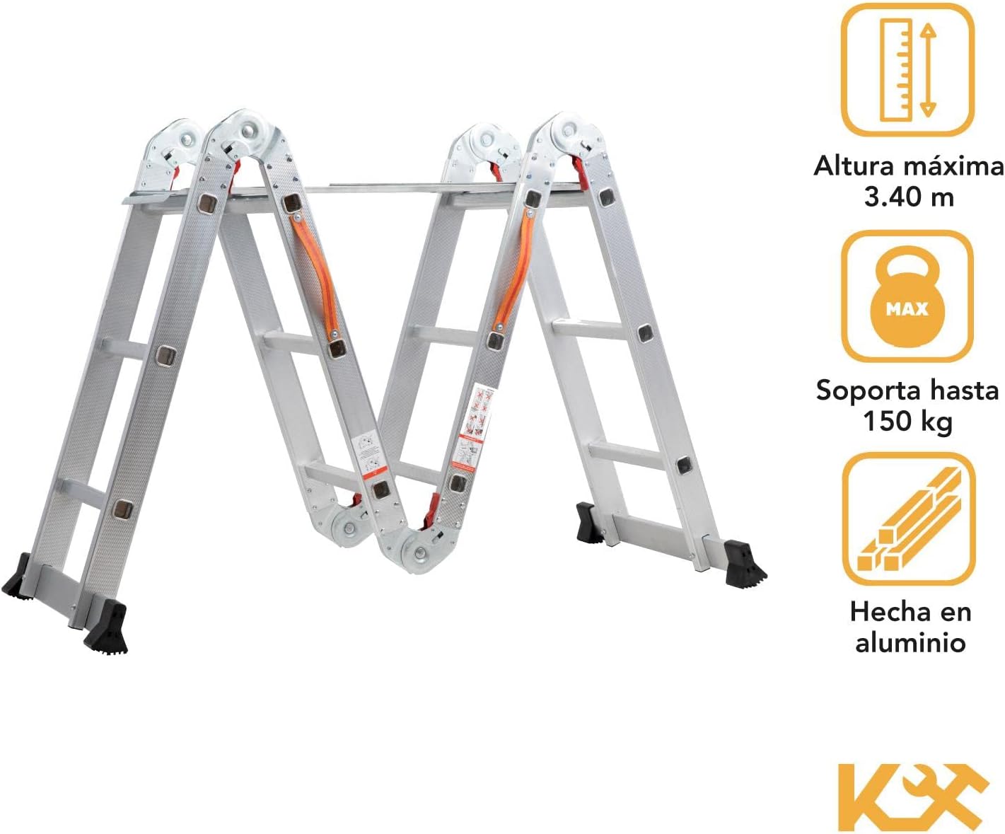 Kingsman | Escalera Multiposiciones 12 Peldaños con Charolas – Soporta hasta 150 kg – Escalera de Aluminio 3.5 MTS – Plegable – Escalera Multipropósito – Tipo Tijera – Andamio – Escalera Recta