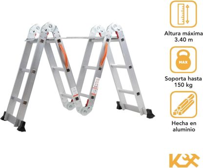 Kingsman | Escalera Multiposiciones 12 Peldaños con Charolas – Soporta hasta 150 kg – Escalera de Aluminio 3.5 MTS – Plegable – Escalera Multipropósito – Tipo Tijera – Andamio – Escalera Recta