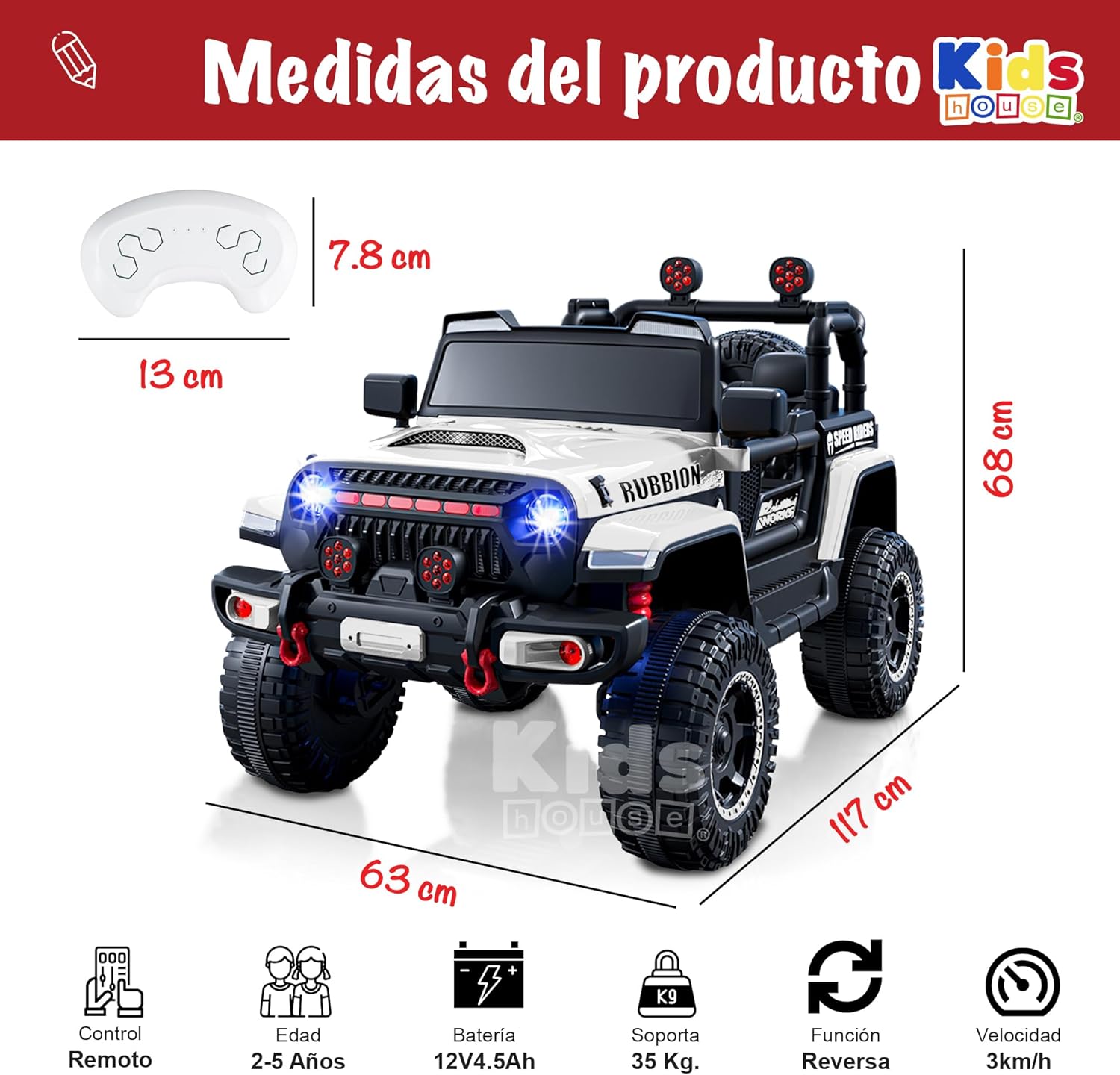 Kids House Carrito Montable Eléctrico Niños Turbo, Doble Puerta, Función Balanceo, Control Remoto Bluetooth, USB MP3, Música y Luces LED, Motor Dual 12V, Inicio Botón,Diseño Seguro (Blanco)