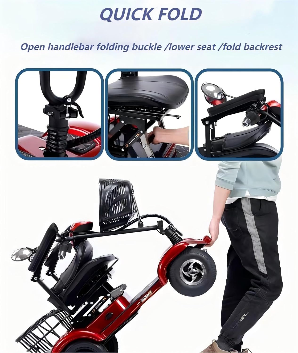 Scooters Eléctricos de 4 Ruedas,Silla de Ruedas Eléctrica Móvil para Adultos Mayores Scooters Eléctricos Plegables de 380W para Adultos Mayores,48v20ah Carga: 200kg(440lb) Autonomía hasta 25 Millas (Azul /Motor doble)
