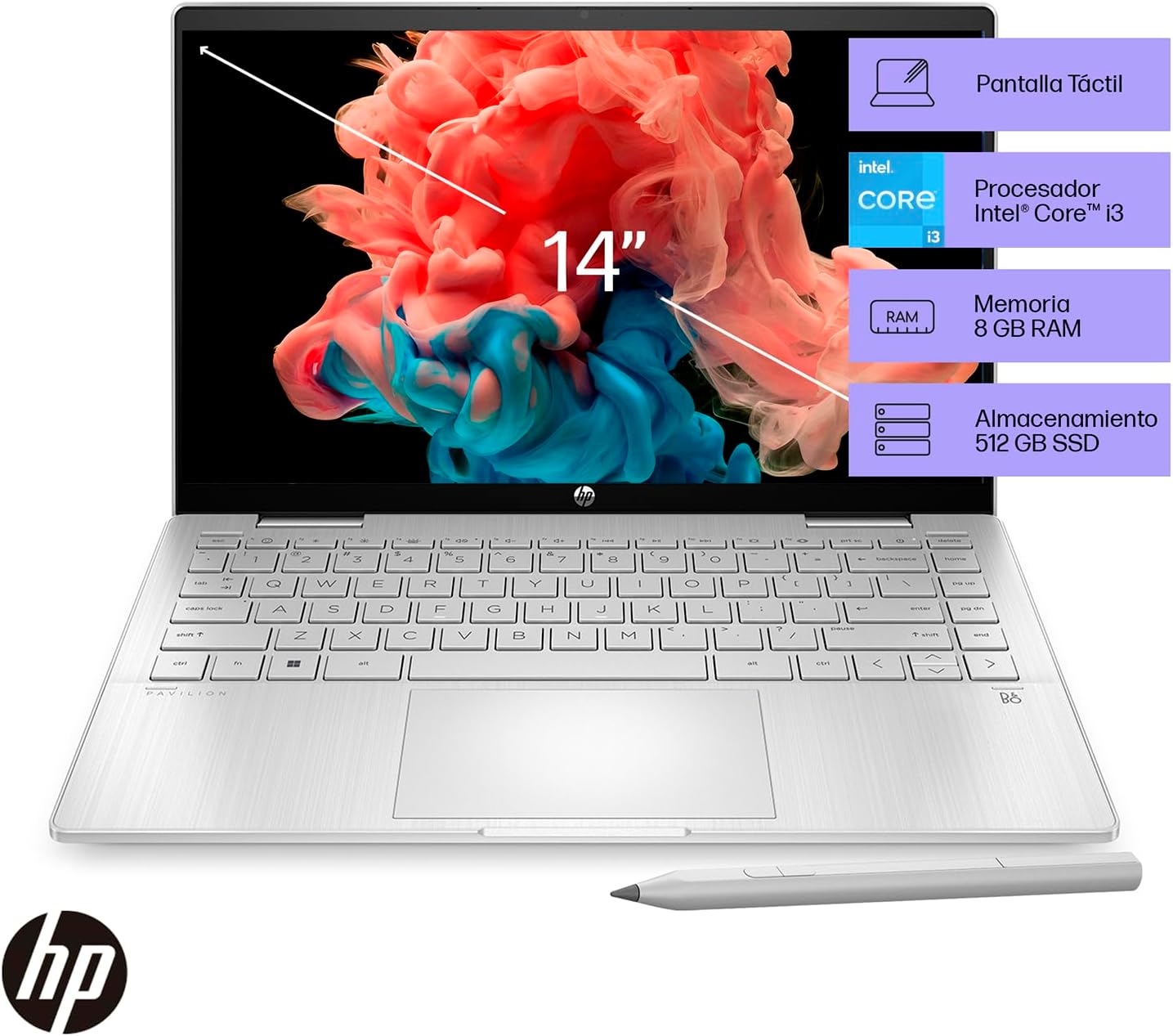 HP Laptop Pavilion x360 14-ek0010la, Intel Core i3, 8 GB RAM, 512 GB SSD, FHD, 14", Táctil, Windows 11 Home, Teclado en Español, Garantía México, Plateado