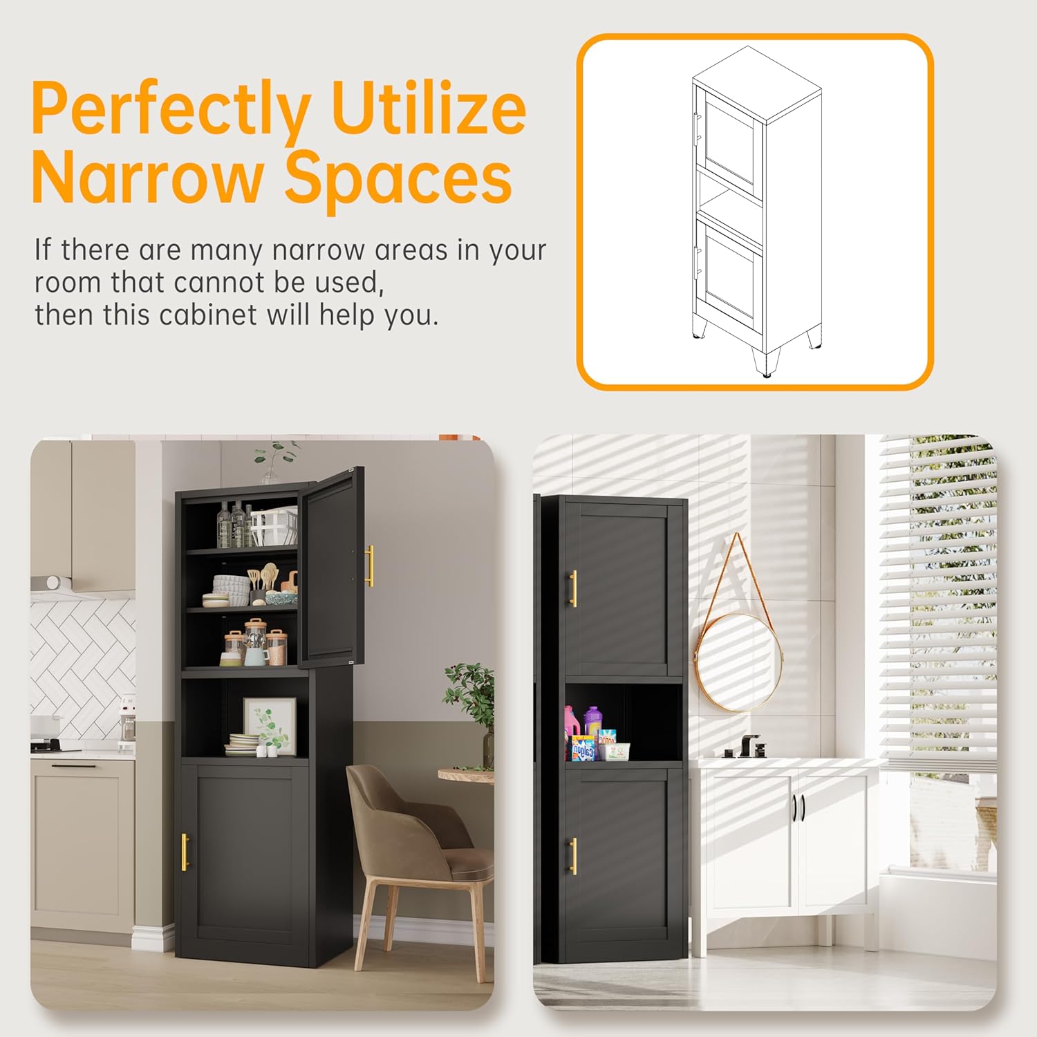 Ckzbx Gabinete de cocina de metal de 61 pulgadas de alto con 4 puertas, armarios de baño, 2 estantes ajustables para cocina, oficina en casa, sala de estar, comedor (negro)