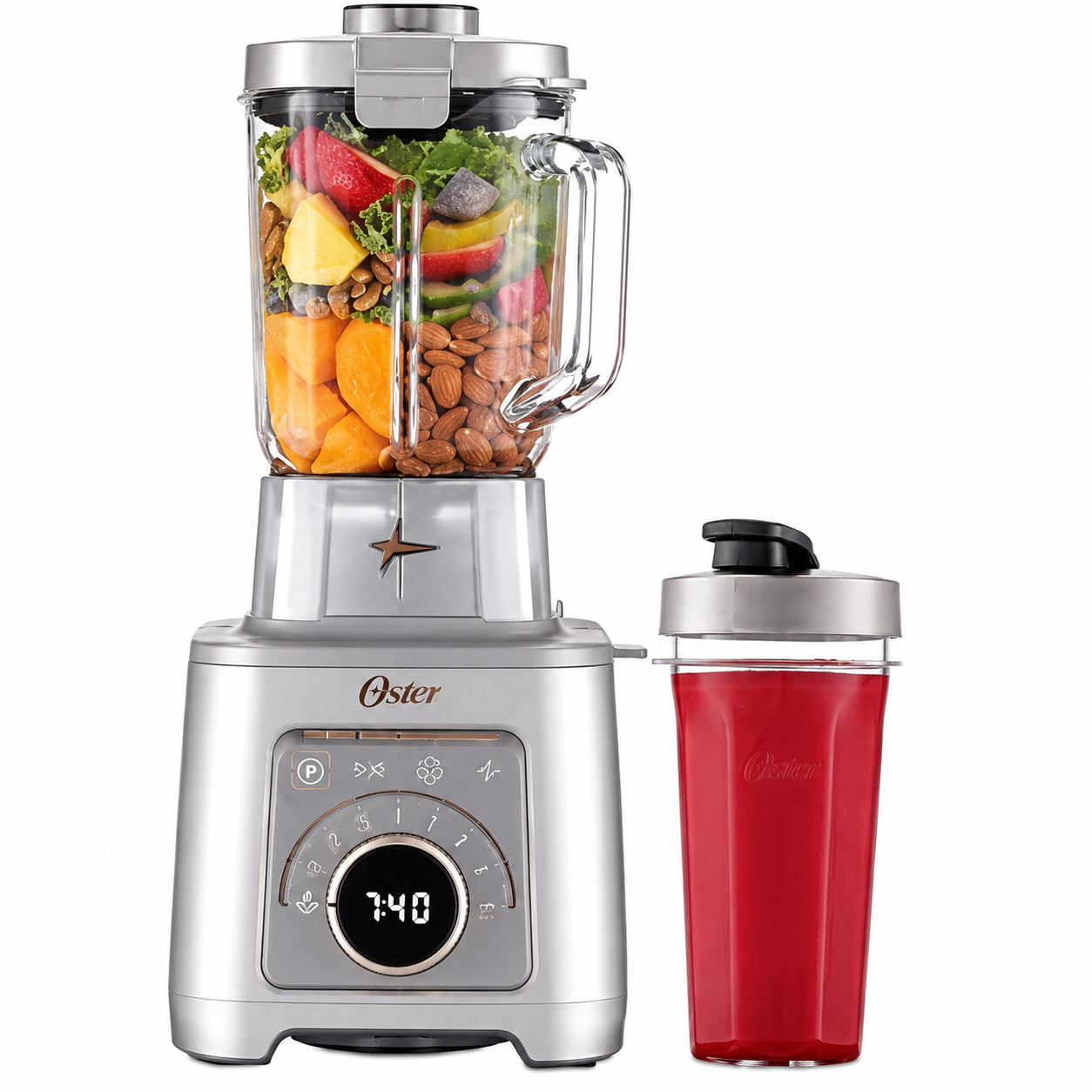 Oster Licuadora Profesional Titan 2200 W, Vaso de Vidrio 2.5 L (máx 2 L) | 4 Programas: Salsa, Recetas Calientes, Smoothie y Malteada, Tecnología Reversible, Vaso Portátil, Fácil Limpieza, BLSTXT-XG