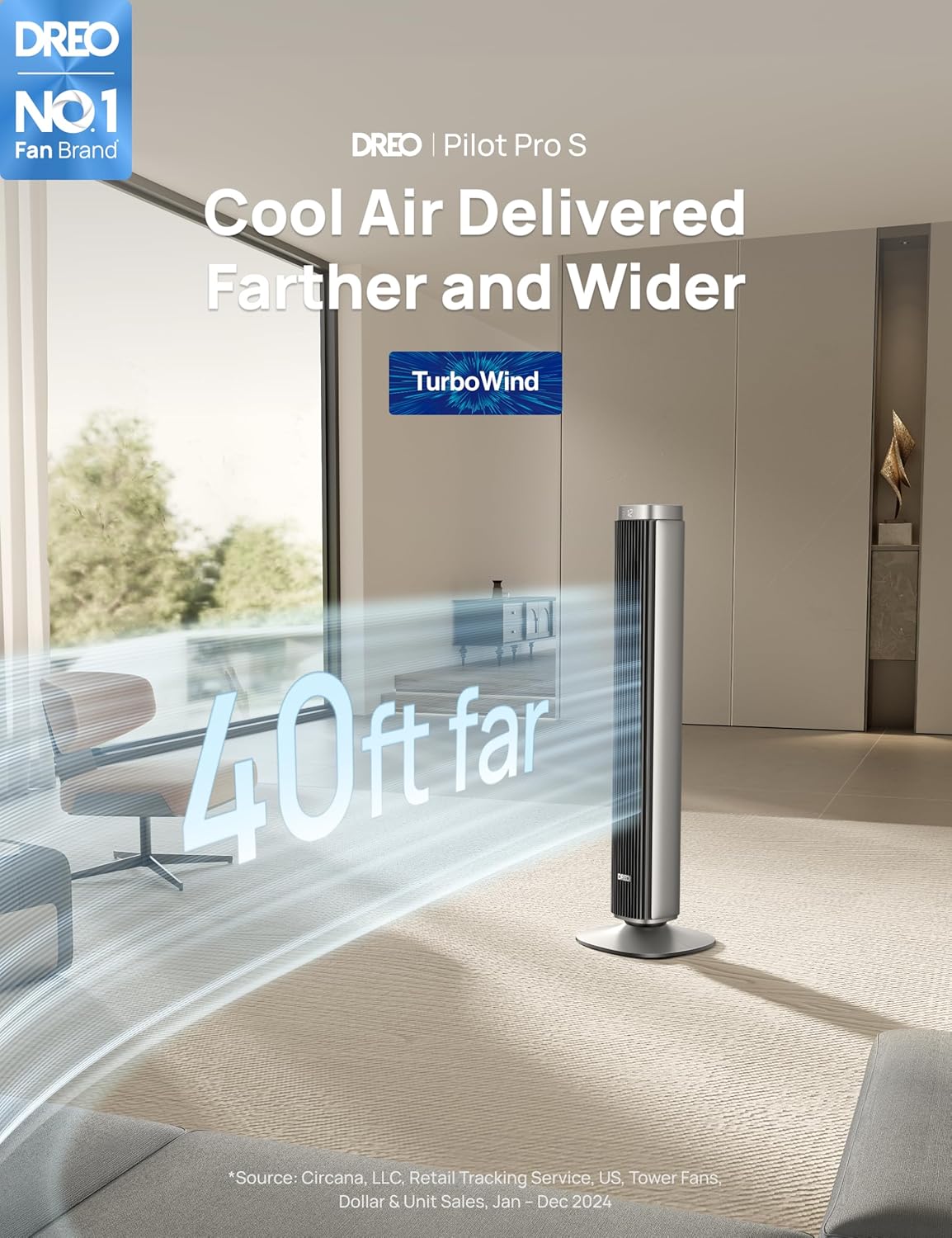 Dreo 42'' Pilot Pro Tower Fan with Remote, 25 DB Quiet DC Portable Bladeless Fan, 90° Oscillating,12H Timer, 9 Speeds,4 Modes, LED Display with Touch Control, Floor Fans for Bedroom Home Office