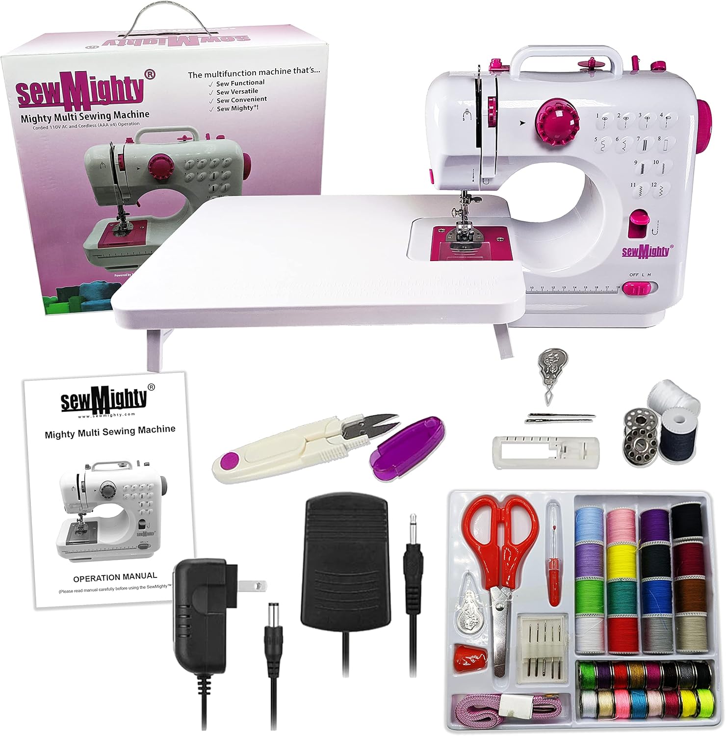 Sew Mighty Mini máquina de coser portátil y kit de costura – 12 patrones de costura preprogramados – Funciona con pilas y CA, doble velocidad, cose hacia adelante y hacia atrás, alimentación de CA y CC – Incluye pedal de pie