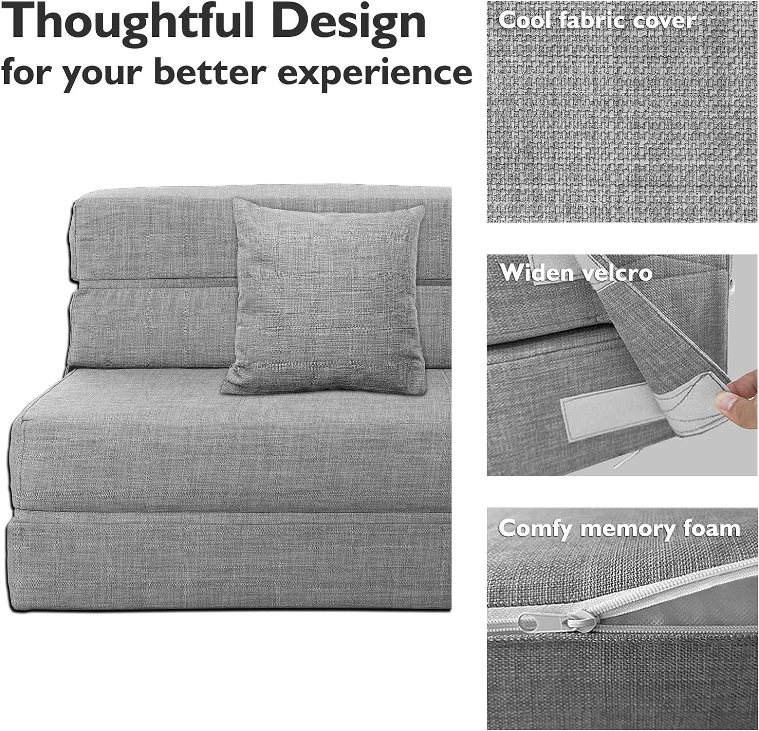 Silla reclinable Anoner, sofá cama plegable de 152 cm, diván con 2 cojines, funda lavable de espuma viscoelástica tamaño queen, color gris claro