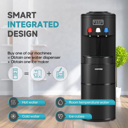 ICEPURE - Dispensador de agua 3 en 1 con máquina de hielo integrada, agua caliente y fría temperatura y hielo bala, carga superior de 2, 3 o 5 galones, 24 libras por máquina de hielo de 24 horas,