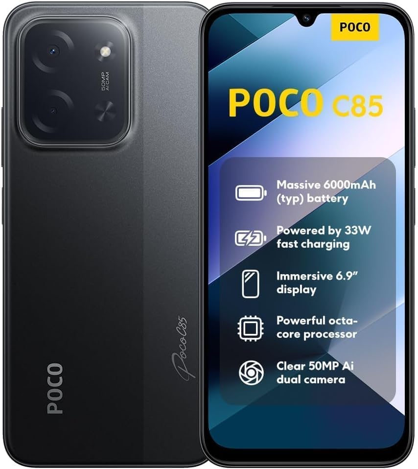 XIAOMI Poco C85 4G LTE (Compatible con T-Mobile Tello Mint y Global) (256 GB + 8 GB) Desbloqueado, Doble SIM, 6.9", 50 MP, Modelo 25078PC3EG (Negro)