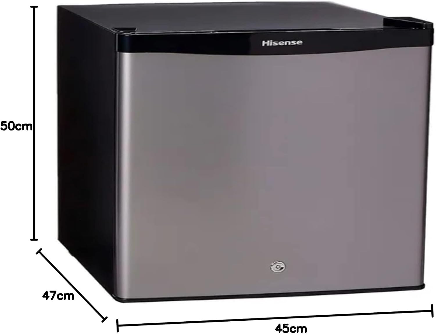 Hisense RR16D6AGX1- Frigobar,1.6 pies cúbicos,Congelador independiente,Termostato ajustable,Estantes para botellas de 2 litros,45x47x50cm(AnchoxLargoxAlto),Gris
