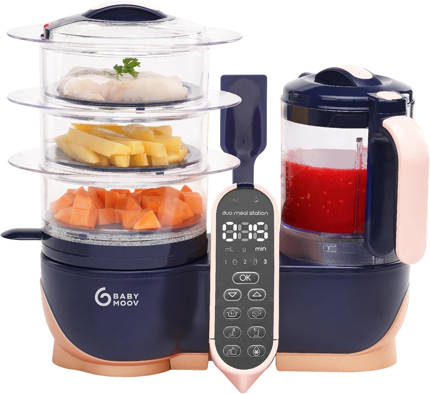 Babymoov Duo Meal 6 en 1: Procesador de Alimentos para Bebés con Vaporizador y Licuadora de Velocidades Múltiples, Calienta y Descongela (Aprobado por Nutricionistas), Gris
