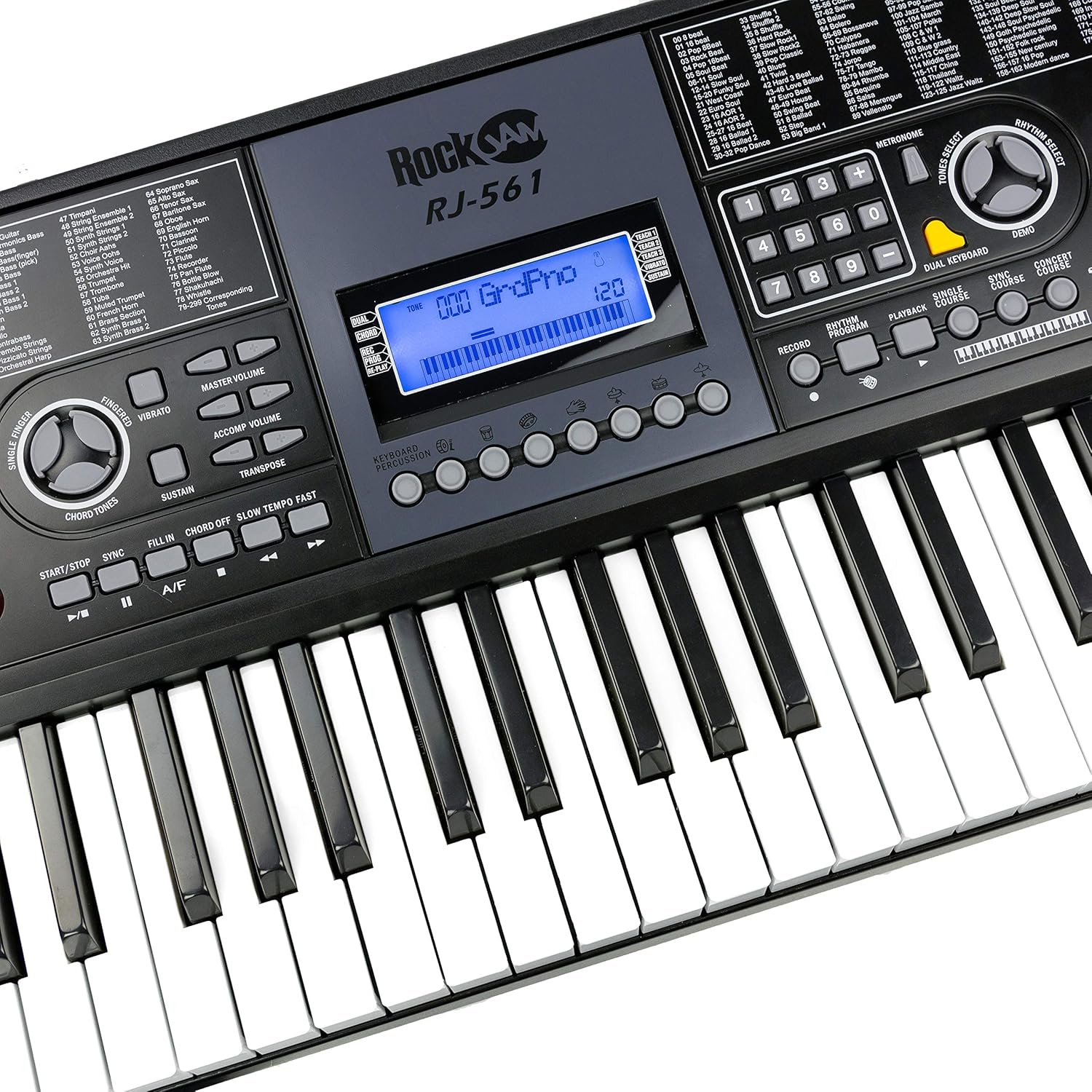 RockJam - Kit de piano con teclado de 61 teclas con banco para teclado, soporte para teclado, auriculares, pegatinas para notas de piano y lecciones de piano Simply