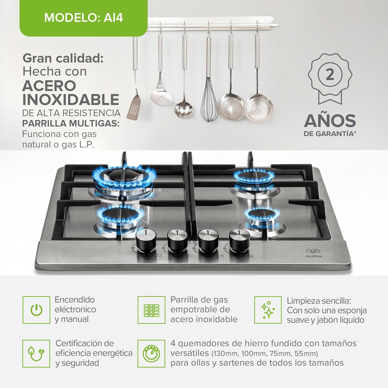 AVERA Parrilla de Gas 4 Quemadores, Acero Inoxidable 60cm (Incluye Accesorios para Instalarla), Encendido Electronico, Perillas Metalicas, Estufa Empotrable, para Gas LP y Gas Natural, AI4