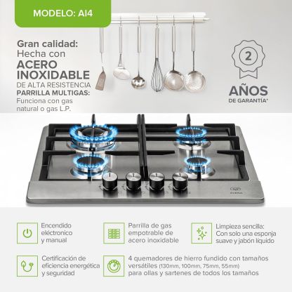AVERA Parrilla de Gas 4 Quemadores, Acero Inoxidable 60cm (Incluye Accesorios para Instalarla), Encendido Electronico, Perillas Metalicas, Estufa Empotrable, para Gas LP y Gas Natural, AI4