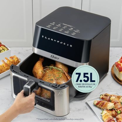 Oster® Freidora de Aire Digital XL 7.5L con Ventana y Luz Interna, Recubrimiento DiamondForce, 10 Programas Automáticos, Modelo CKSTAF75WDSSDF