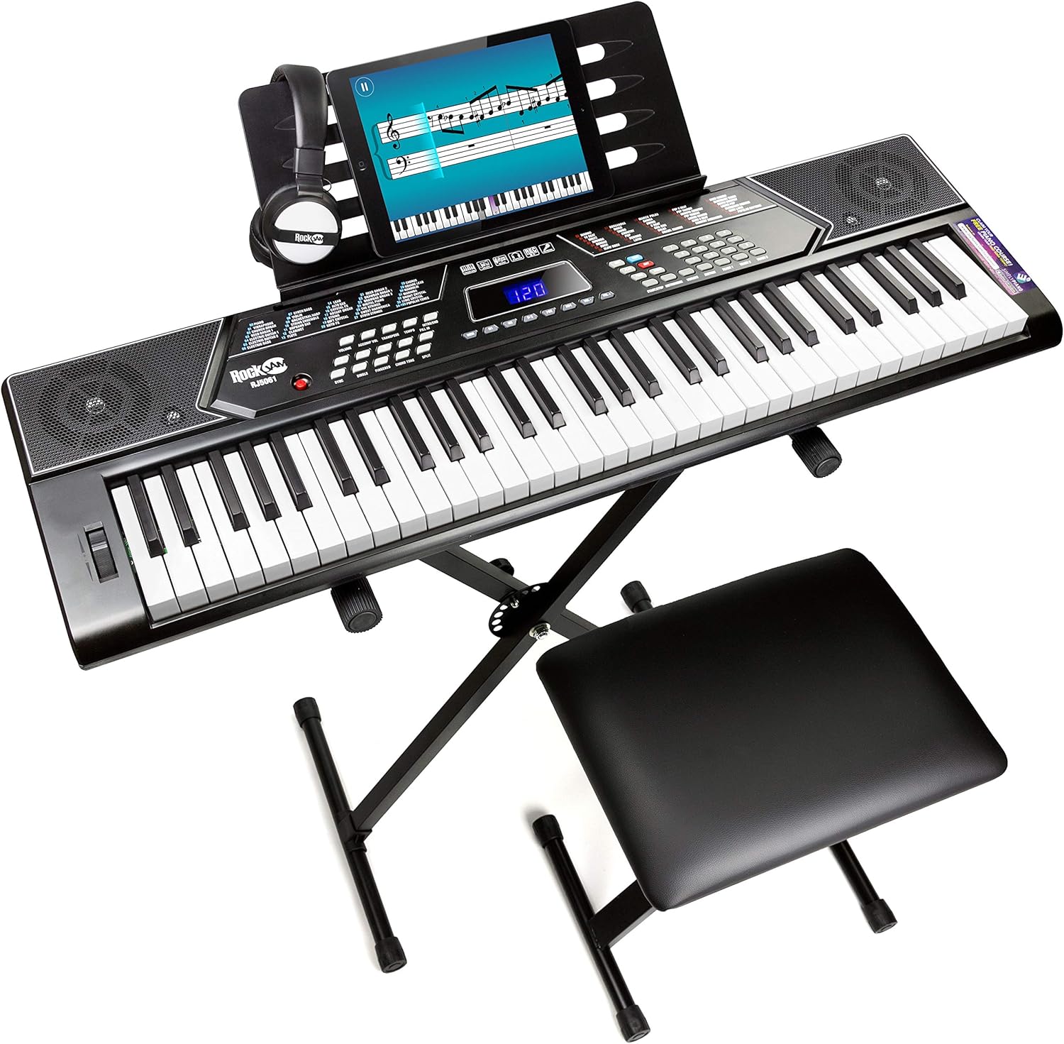 RockJam - Kit de piano con teclado de 61 teclas con banco para teclado, soporte para teclado, auriculares, pegatinas para notas de piano y lecciones de piano Simply