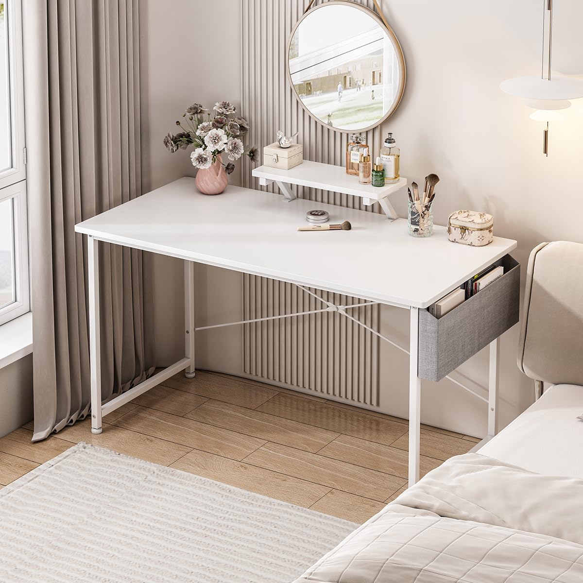 Escritorio Pequeño para Computadora Moderno, Tocador Furniture con Bolsa de Almacenamiento, Viene con Soporte de Escritorio 110 X 50 X 75 CM (Blanco)