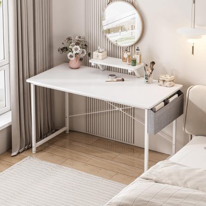 Escritorio Pequeño para Computadora Moderno, Tocador Furniture con Bolsa de Almacenamiento, Viene con Soporte de Escritorio 110 X 50 X 75 CM (Blanco)