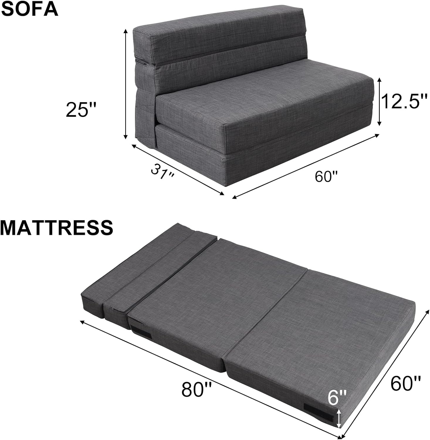 Silla reclinable Anoner, sofá cama plegable de 152 cm, diván con 2 cojines, funda lavable de espuma viscoelástica tamaño queen, color gris claro