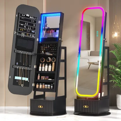 ✨ Espejo de Cuerpo Entero con Armario Joyero Giratorio 360° | Luz LED de 3 Colores | Organizador con Cerradura | Almacenamiento Multifuncional para Dormitorio 💎