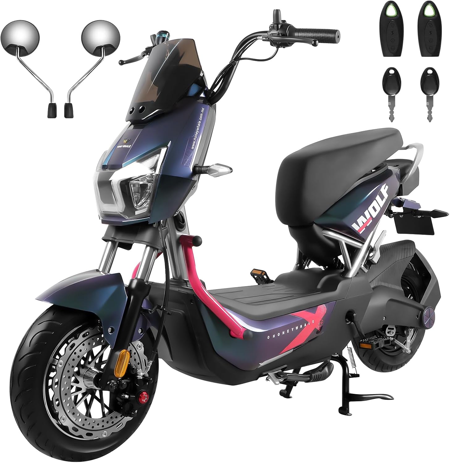 HONEYWHALE ZL-Wolf Bicicleta Electrica para Adultos, Bicimoto Eléctrica con Alarma, Máxima del Motor 1200W, Velocidad Máxima 55KM/H, Autonomía 50-55KM, Batería (72V, 20AH), Emite 7 Colores de luz