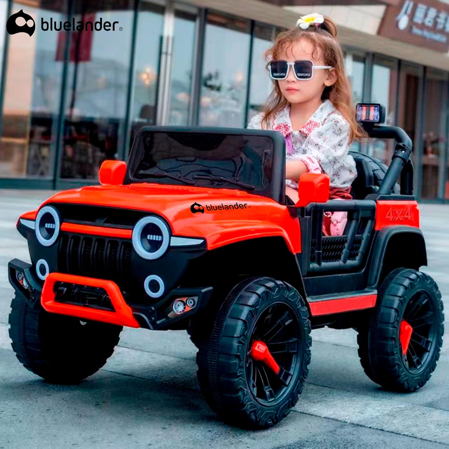 Bluelander Carro Electrico Tipo Jeep Montable Niño Niña, 69*61*105 Cm, Carro Electrico 5 KM/H, Carrito Montable Electrico Musical, Luz Led, Control Remoto, Puerto USB, MIC, Bateria Recargable (Rojo)