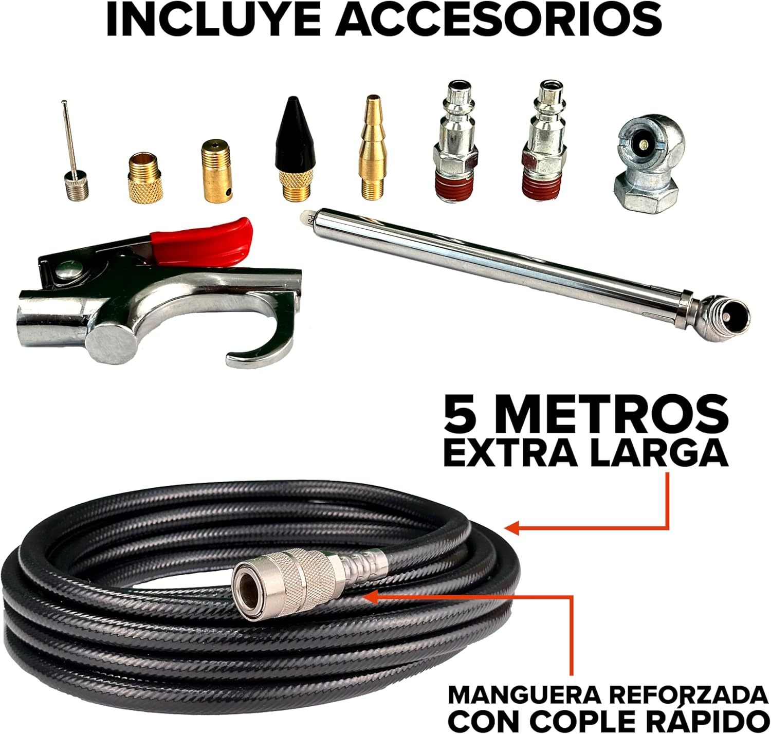 MARIETTA Compresor de Aire Libre de Aceite 1.5HP 22L Robusto con Kit de Accesorios y Manguera de 5 metros.