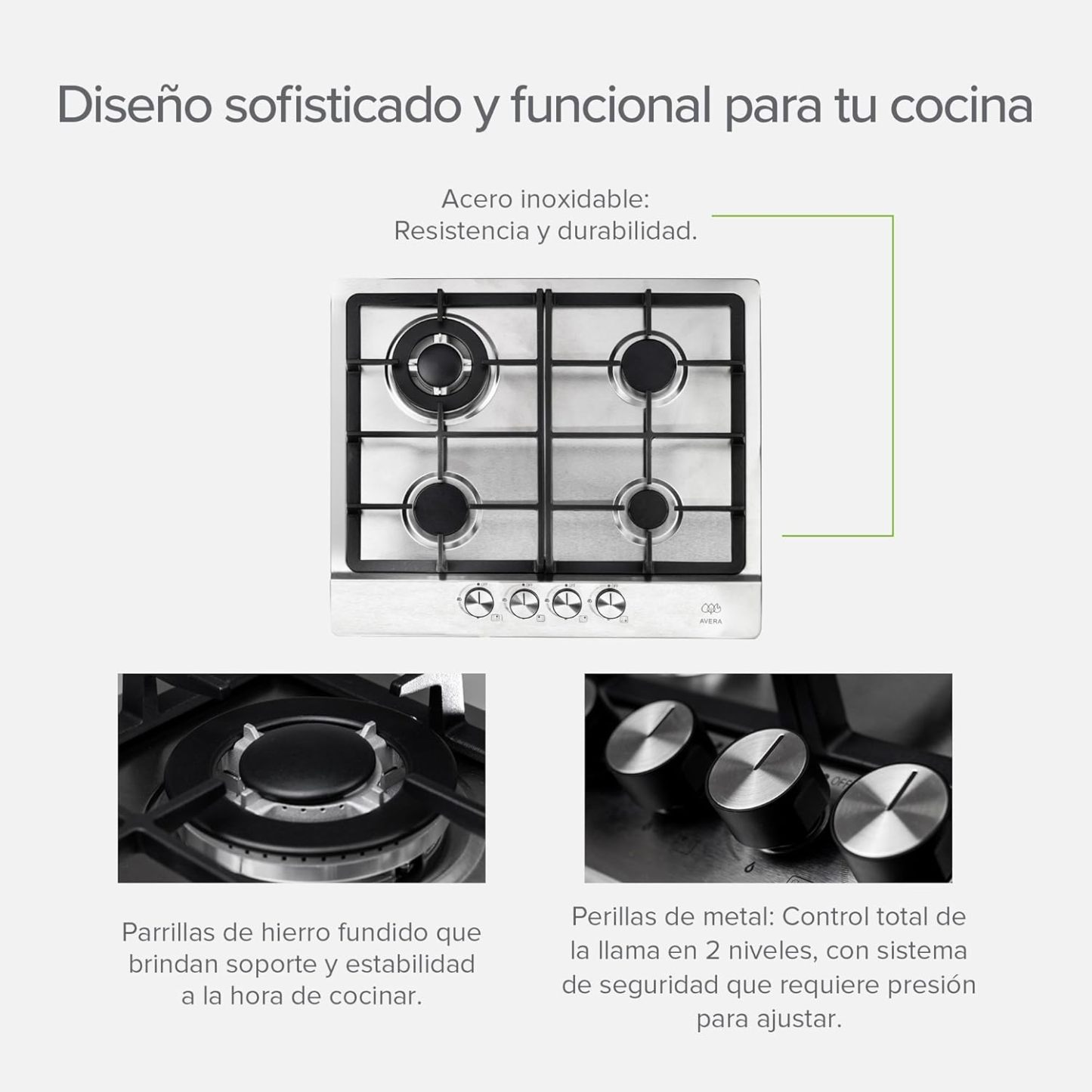 AVERA Parrilla de Gas 4 Quemadores, Acero Inoxidable 60cm (Incluye Accesorios para Instalarla), Encendido Electronico, Perillas Metalicas, Estufa Empotrable, para Gas LP y Gas Natural, AI4