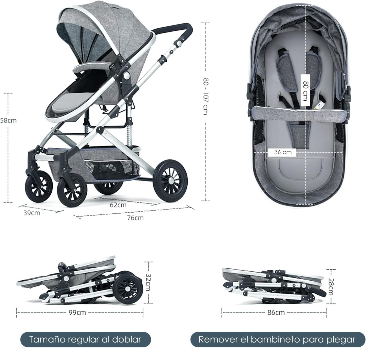 VANGUA Carriola para Bebé con Diseño de Amplia Vista, Llantas de Caucho a Prueba de Explosiones, Sistema de Amortiguadores Atenuantes, Asiento con Dirección Ajustable, Reclinable Multi Posición, Toldo Protector Solar, Ventana de Ventilación, Estructura