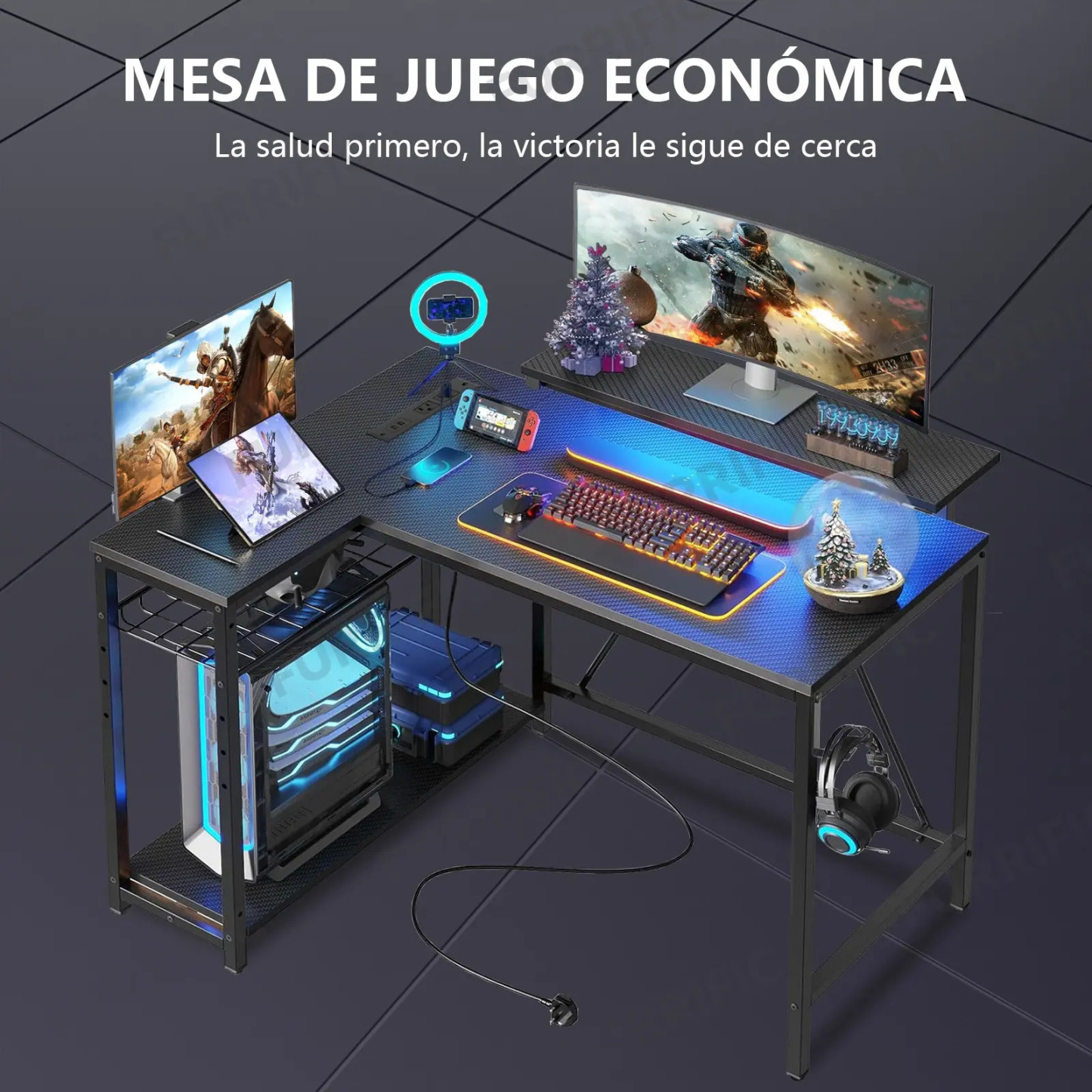 Furrific®escritorio Gamer En L Con Luz Led Y Regleta Enchufe