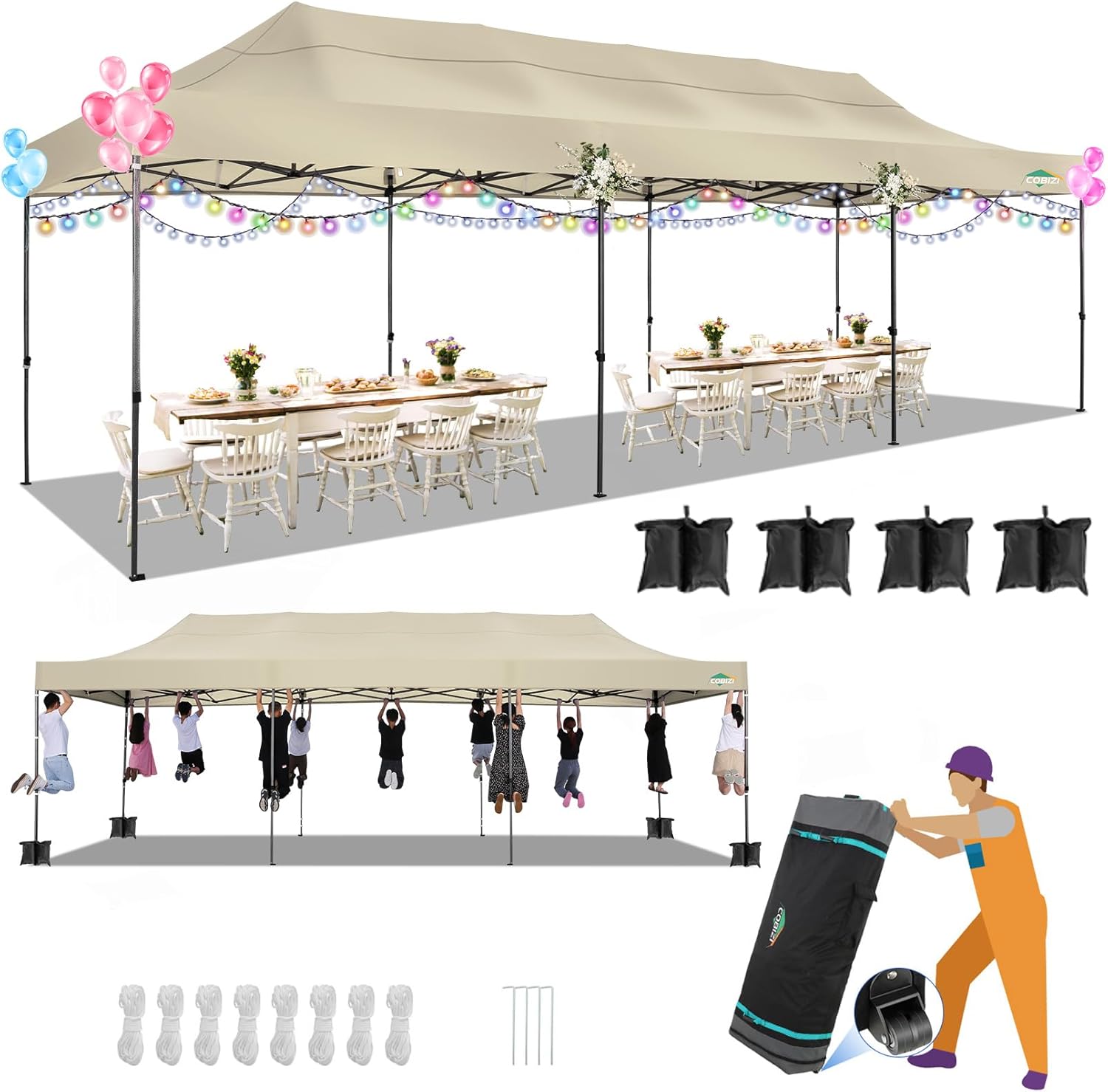COBIZI - Toldo desplegable de 10 x 20 Pulgadas con 6 Paredes Laterales, toldo Impermeable para Eventos al Aire última intervensión, UPF 50+ cenador portátil para Fiestas, Playa, Camping, Boda,