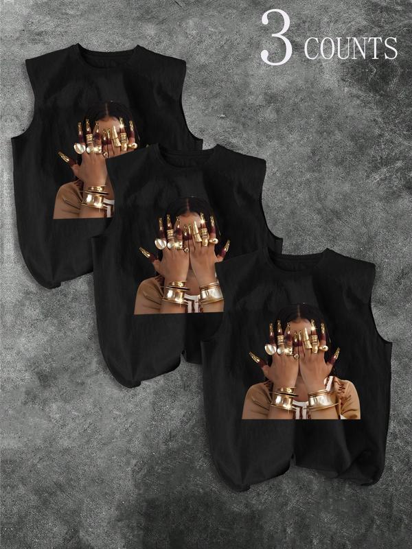 Men's Three-Piece Trendy Casual Sleeveless Vest Set, Face-Wiping Woman Print, Perfect for Summer, Vacation, Friend Gatherings