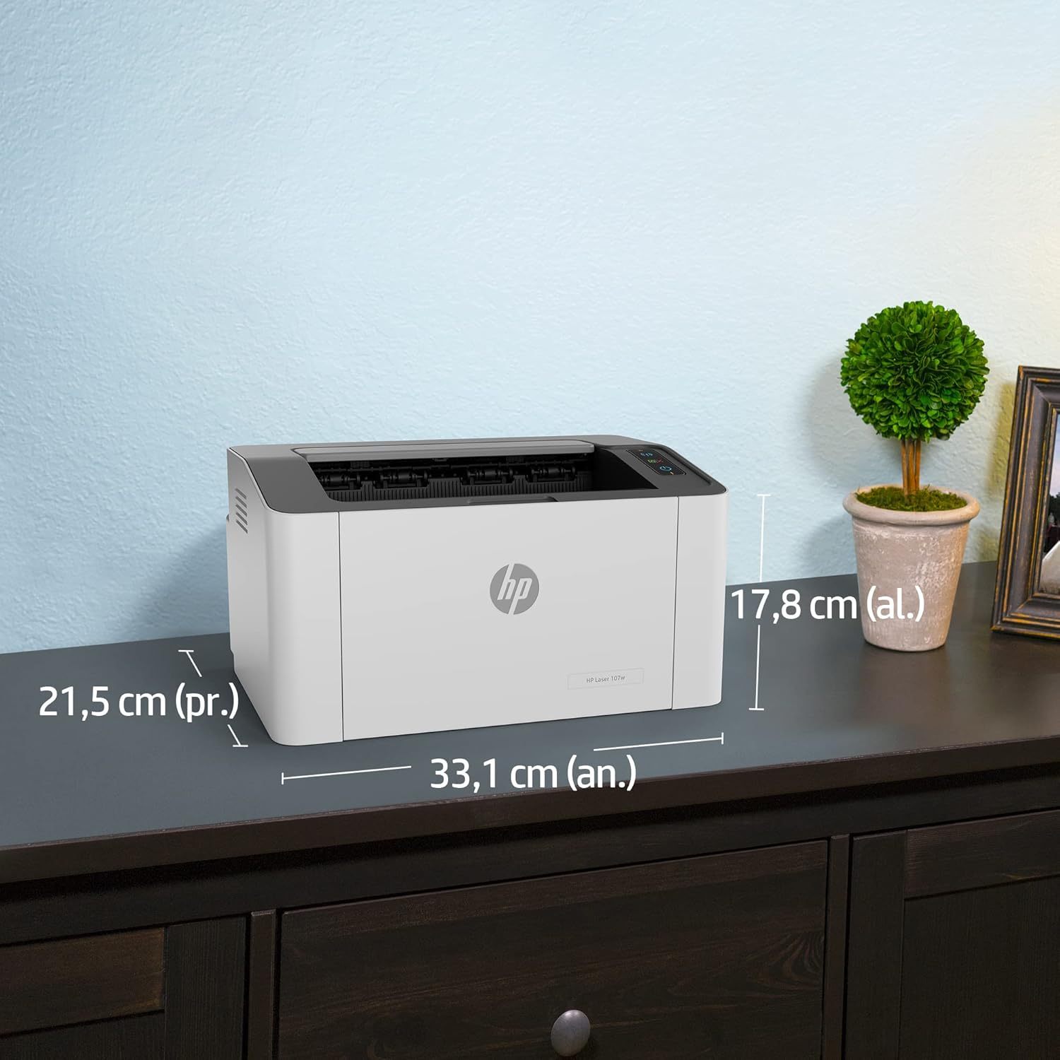 HP Impresora Laser 107w, Láser, Impresión en Negro, Wi-Fi, USB, Impresión y escanéo desde HP Smart App, Apple Air Print, Bandeja de 150 hojas, Pantalla LED (4ZB78A)