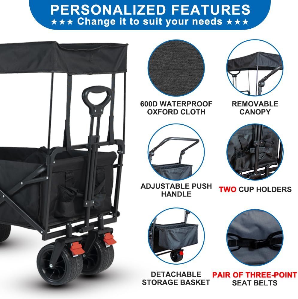 SKYMANOR Carro de jardín plegable 3 en 1 con toldo para niños y carga, carriola plegable EZ ruedas todo terreno, 300 libras, 2 portavasos para cinturón de seguridad, color negro, SKYDPBB