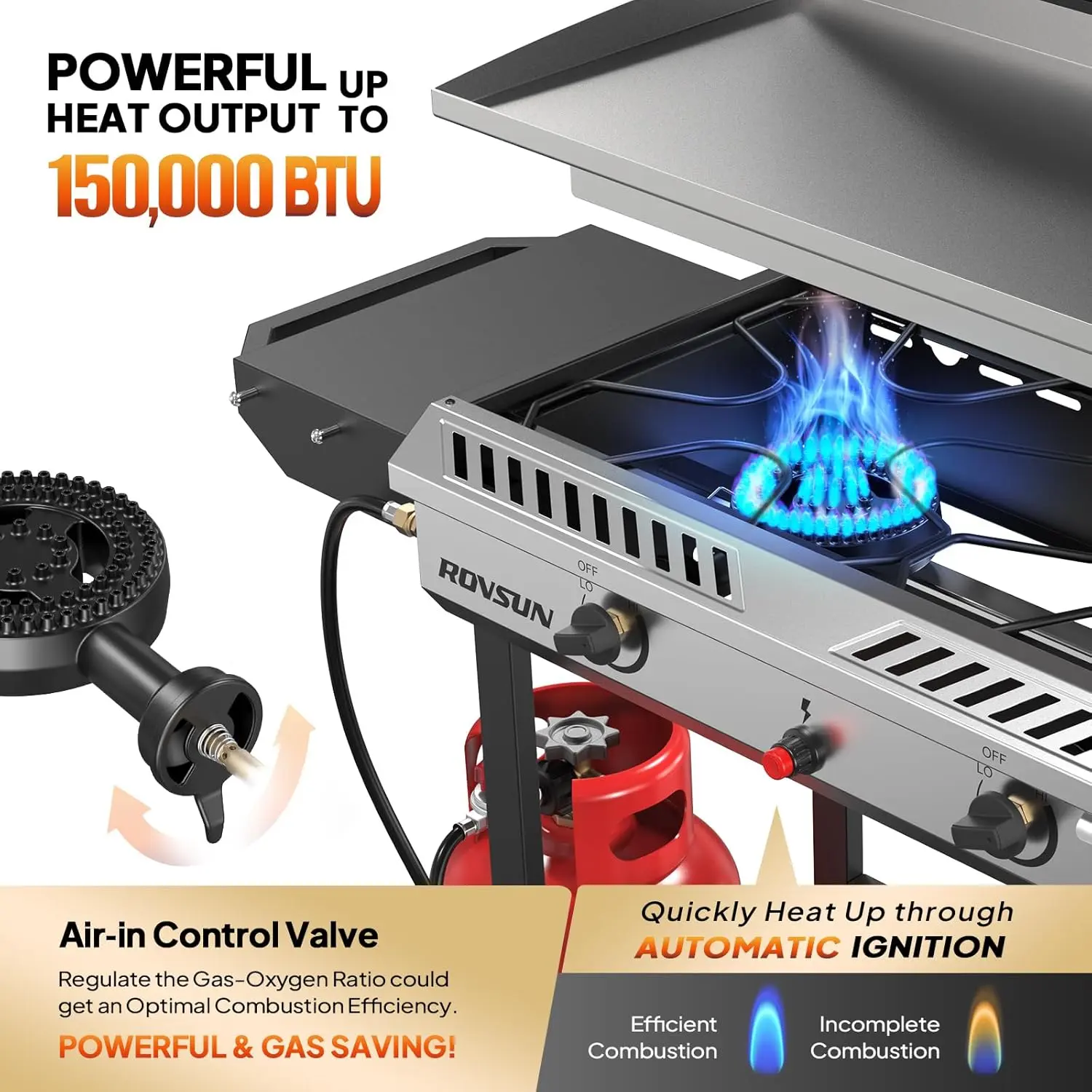 Estufa de gas propano para exteriores de 2/3 quemadores con plancha, encendido automático, regulador y estantes laterales; potente cocina con soporte de 150.000/225.000 BTU, ideal para cocinar en el patio trasero, elaboración casera de bebidas, envasado,