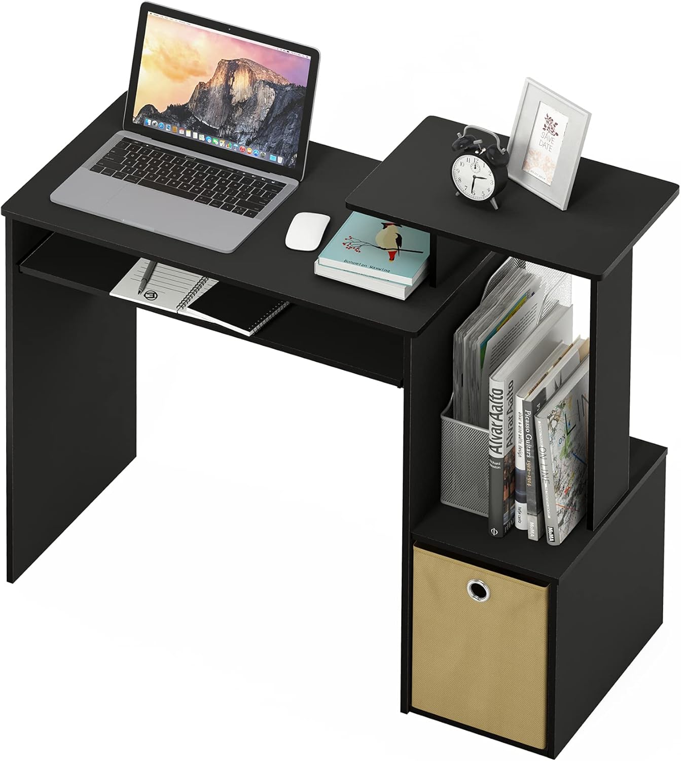 Furinno Econ Escritorio de escritura de computadora de oficina en casa multipropósito W/Bin, Blanco/Negro