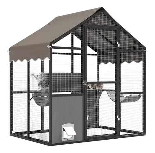 Perrera Grande Para Gatos Gatería Exterior Techo Impermeable 1.78-1.2-1.9 Metros Negro Gris