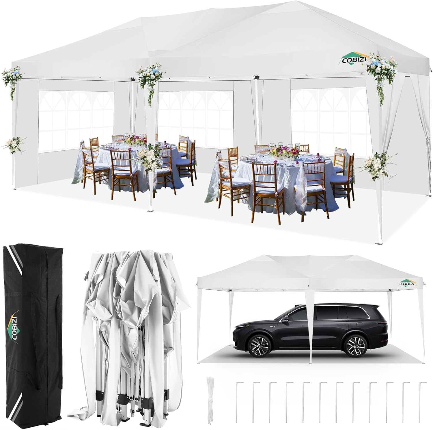 COBIZI - Toldo desplegable de 10 x 20 Pulgadas con 6 Paredes Laterales, toldo Impermeable para Eventos al Aire última intervensión, UPF 50+ cenador portátil para Fiestas, Playa, Camping, Boda,