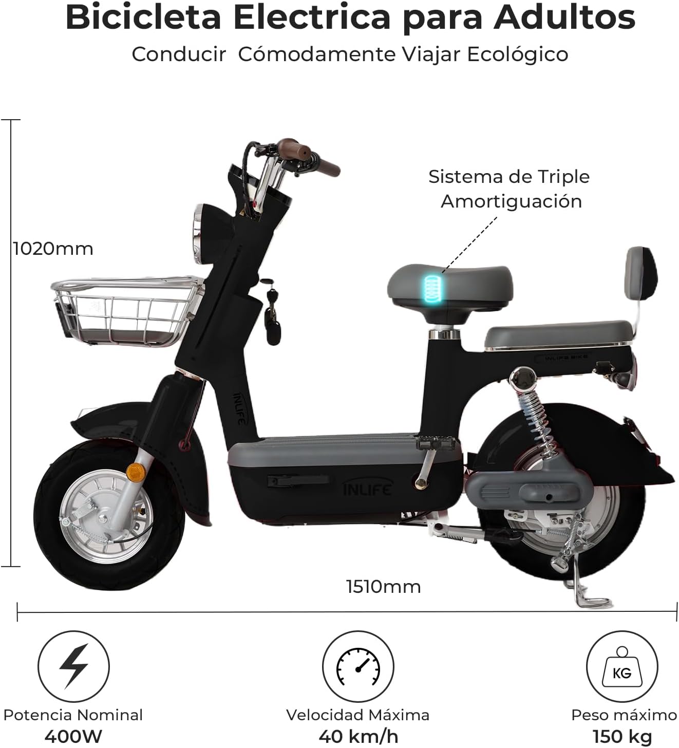 400W Bicicleta Eléctrica Potente, Bicicleta Electrica para Adultos de 40km/h, Rango de 60-70km Eike, Batería de Plomo de 48V/20Ah, Perfecto para Carreteras y Desplazamientos Diarios