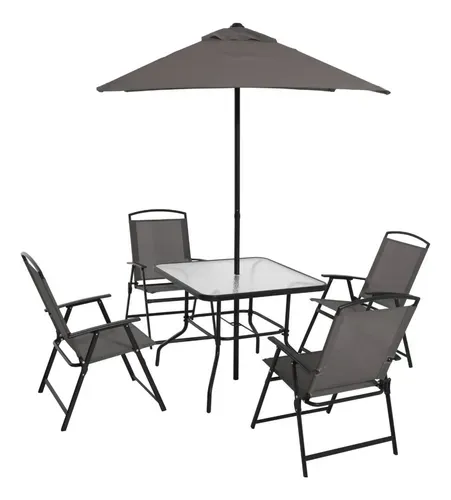 Mesa/sillas De Jardin, Vidrio Templado Con Sombrilla, Beige