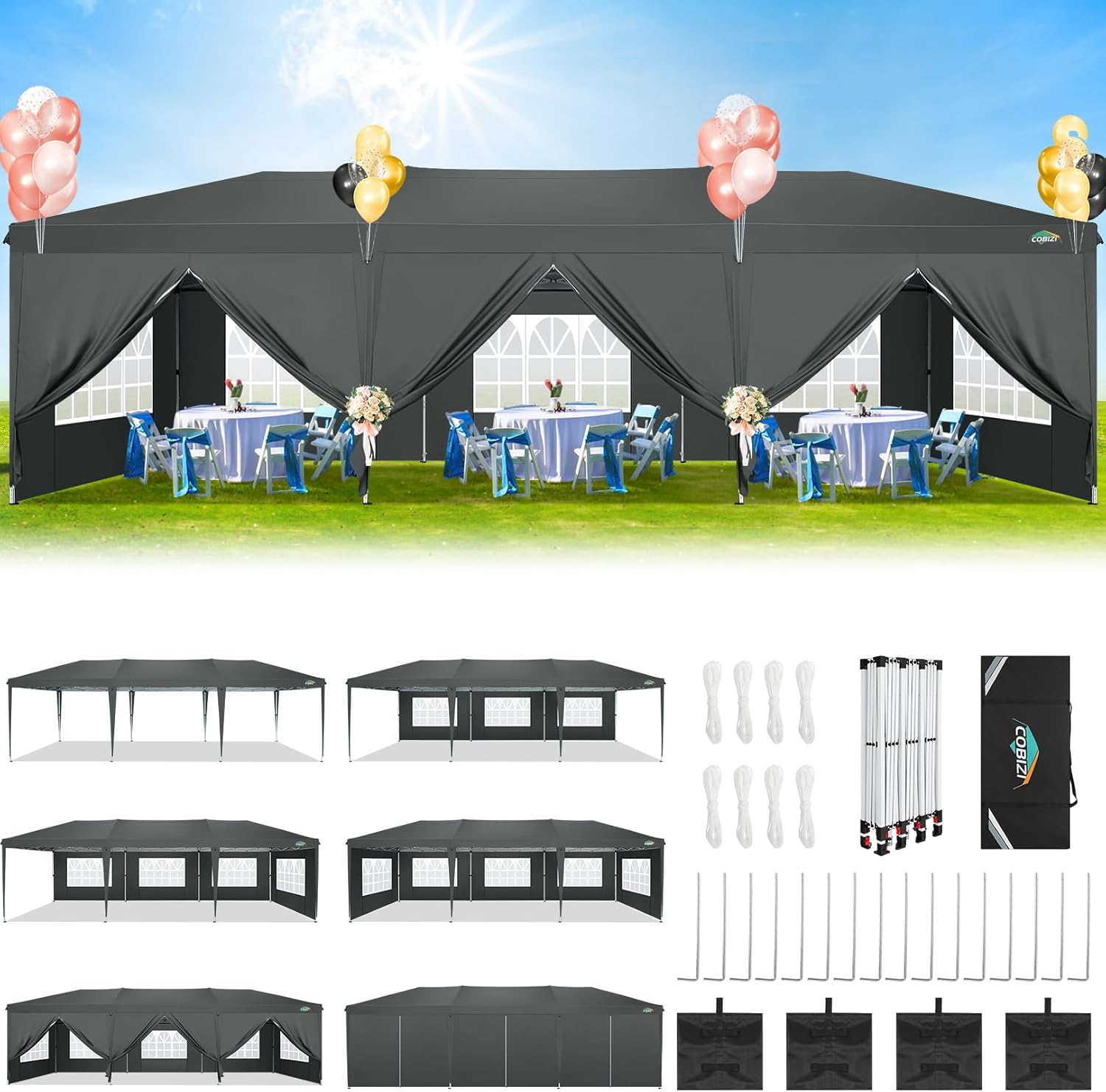 COBIZI - Toldo desplegable de 10 x 20 Pulgadas con 6 Paredes Laterales, toldo Impermeable para Eventos al Aire última intervensión, UPF 50+ cenador portátil para Fiestas, Playa, Camping, Boda,