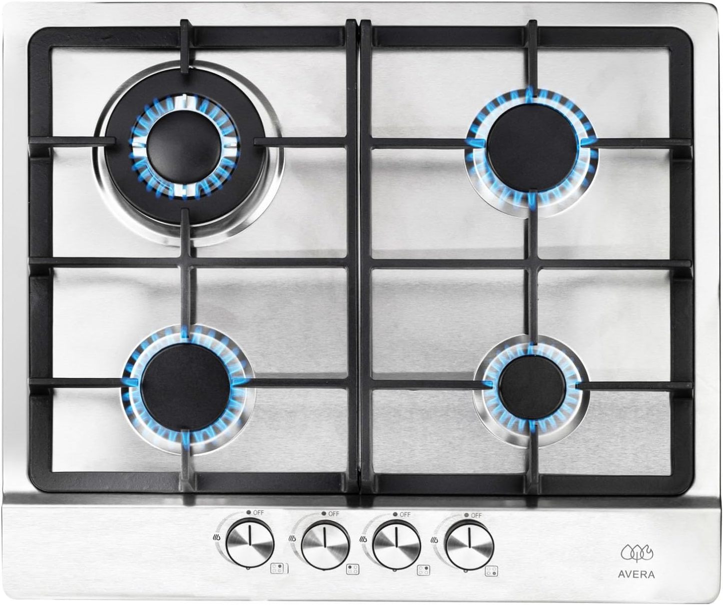AVERA Parrilla de Gas 4 Quemadores, Acero Inoxidable 60cm (Incluye Accesorios para Instalarla), Encendido Electronico, Perillas Metalicas, Estufa Empotrable, para Gas LP y Gas Natural, AI4