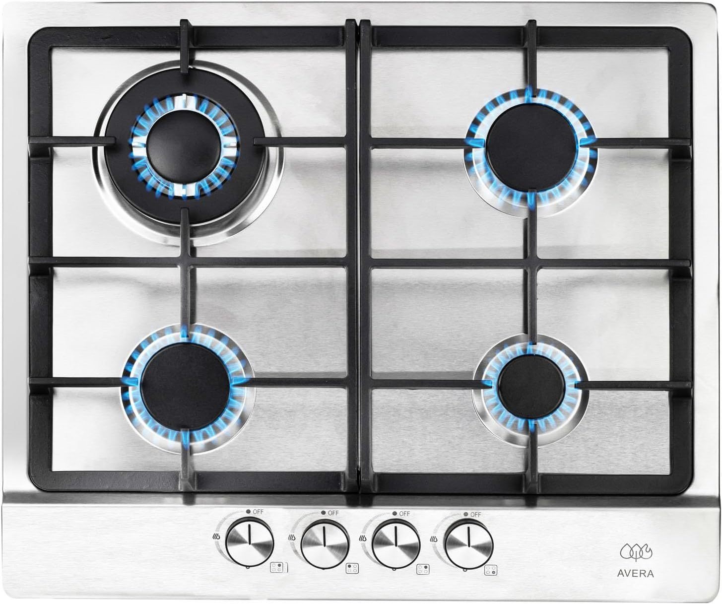 AVERA Parrilla de Gas 4 Quemadores, Acero Inoxidable 60cm (Incluye Accesorios para Instalarla), Encendido Electronico, Perillas Metalicas, Estufa Empotrable, para Gas LP y Gas Natural, AI4