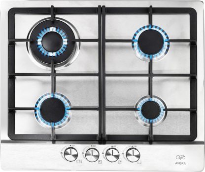 AVERA Parrilla de Gas 4 Quemadores, Acero Inoxidable 60cm (Incluye Accesorios para Instalarla), Encendido Electronico, Perillas Metalicas, Estufa Empotrable, para Gas LP y Gas Natural, AI4